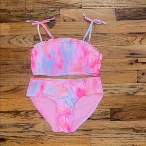 Girls Pink Tie-Dye Smocked Bikini Set
